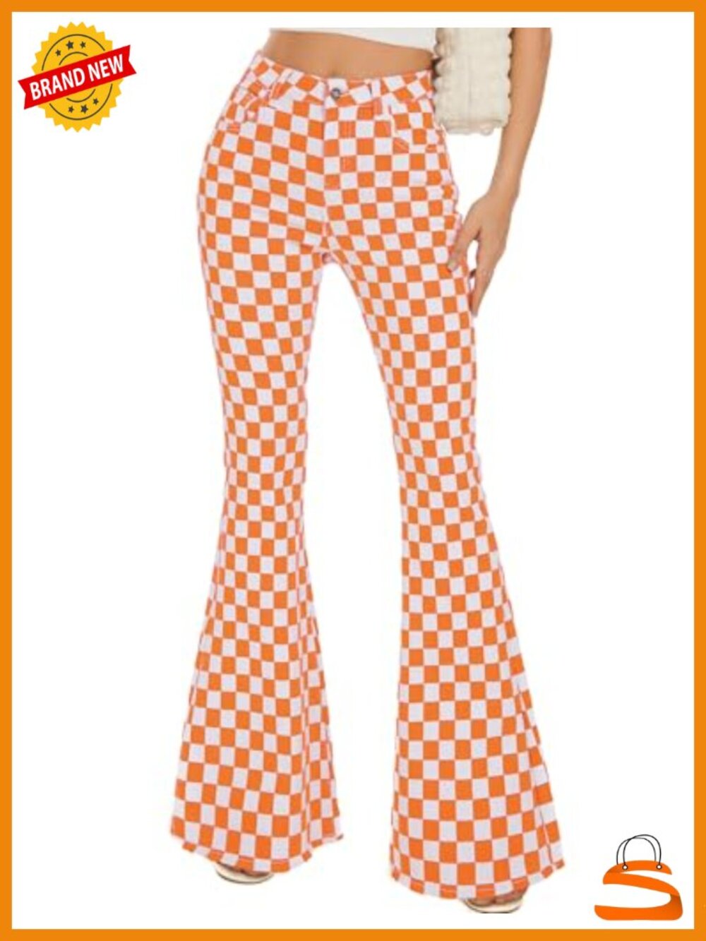 High Waisted Stretch Plaid Flare Jeans Bootcut Bell Bottom Pants